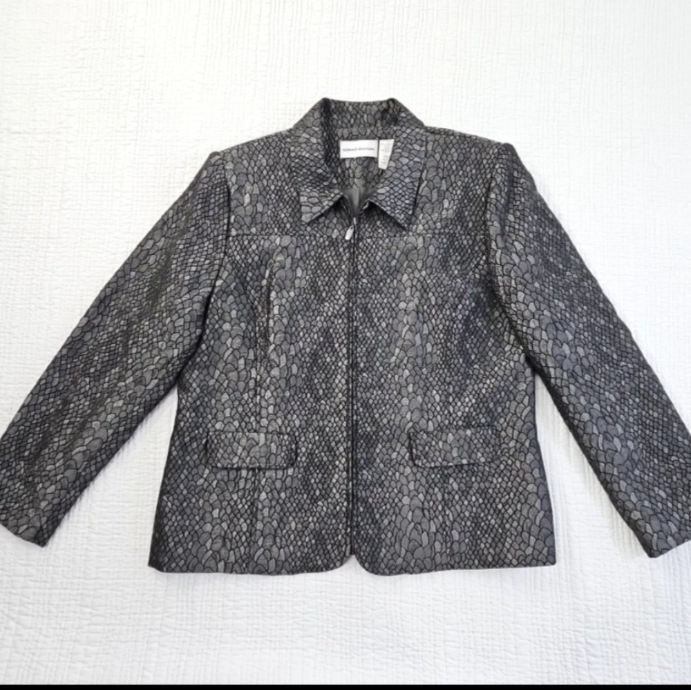 ALFRED DUNNER WOMEN'S GREY METALLIC LIZARD PRINT FULL ZIP BLAZER SIZE 18